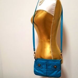 MARC JACOBS Patent Blue Leather Crossbody Bag Gold Color Zipper/Hardware Logo
